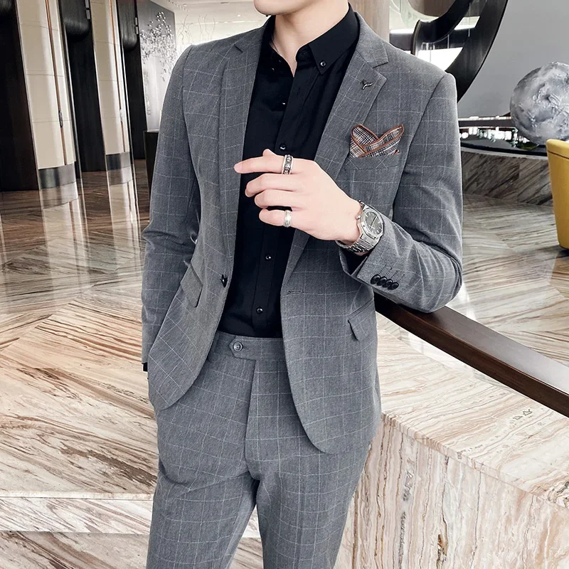 

New Boutique [Blazer + Trousers] Men's Suit Fashion Business Gentleman Slim Casual Korean Wedding Plaid Dress Formal 2-piece Set