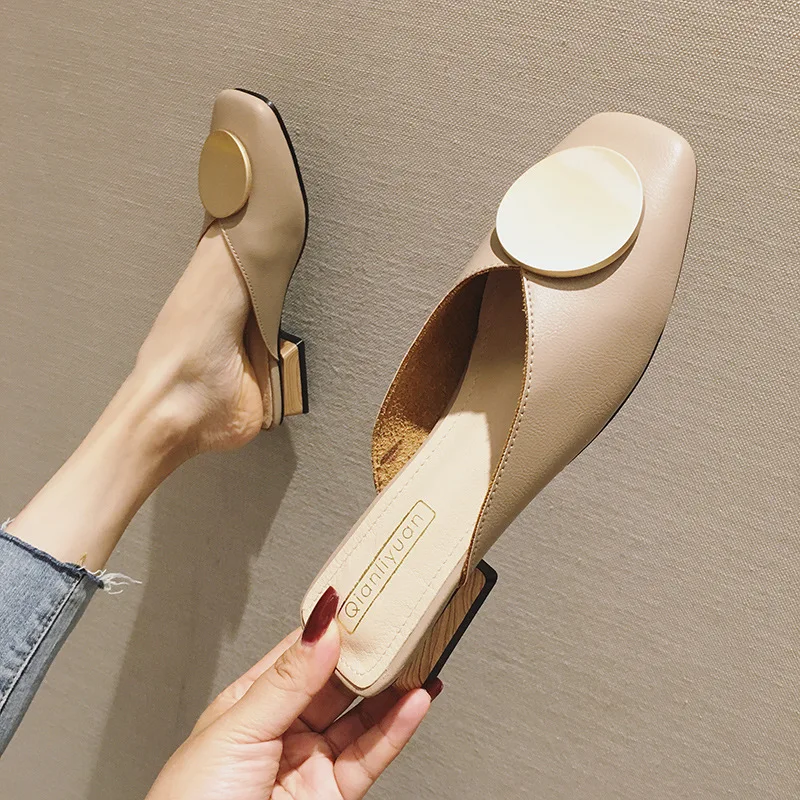 Brand Designer Women Slippers Slip On Mules Flat Heel Casual Shoes British Buckle Slides Wooden Block Heels Summer Footwear