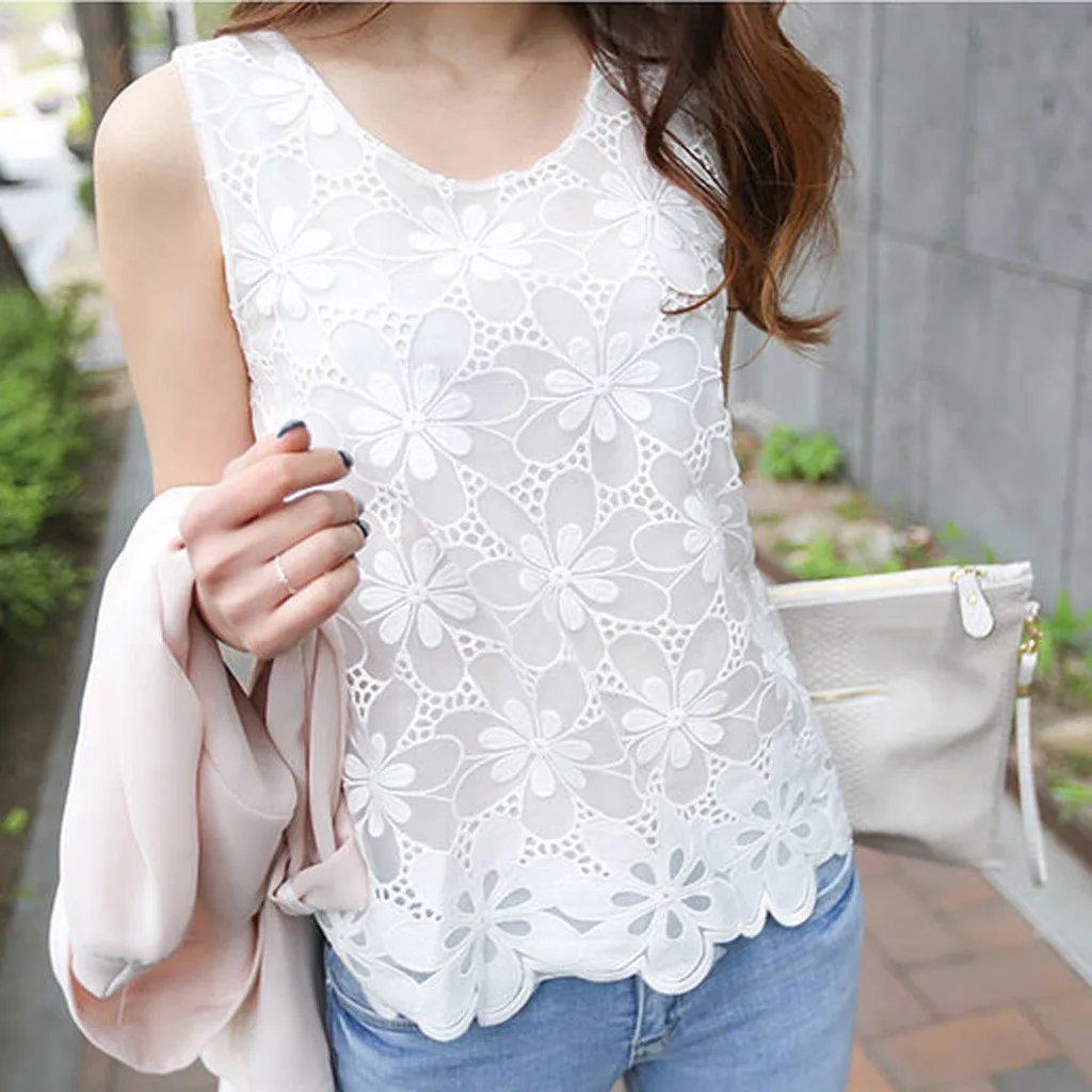 2024 Women\'s O-neck Sexy Lace Flower Embroidery Casual Tank Top Women\'s Fit Sleeveless Elastic Shirt High Quality Clothing