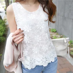 2024 Women's O-neck Sexy Lace Flower Embroidery Casual Tank Top Women's Fit Sleeveless Elastic Shirt High Quality Clothing