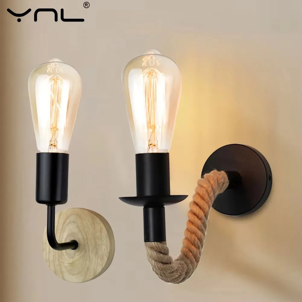 

Vintage Hemp Rope Wood Wall Lamps E27 AC110V 220V Modern Nordic Indoor Corridor Room For Home Decor Bedside Wall Sconce Lighting