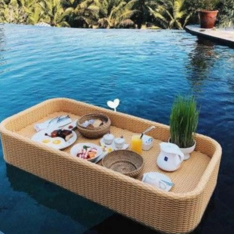 Rattan floating breakfast tray for pool beverage service