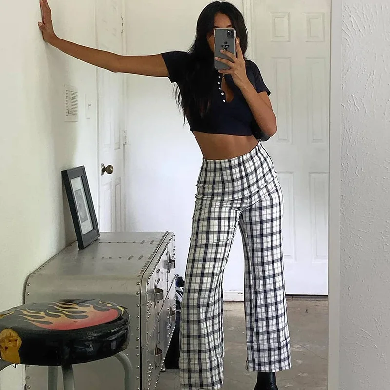 

hip hop cropped pants Black and white plaid contrast color wide leg straight casual pants new women's high waist Retro Teens Leg