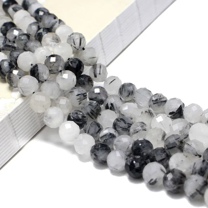 Fine 100% Natural Stone Faceted Black Rutilated Quartz Round Gemstone Beads For Jewelry Making  DIY Bracelet Necklace 6/8/10MM