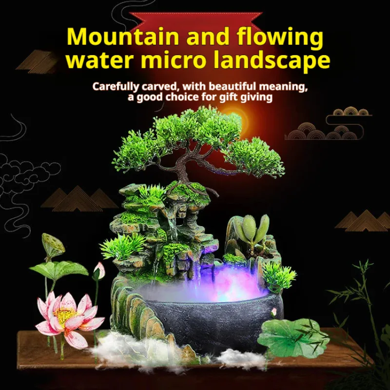 Bonsai rockery decorative Simulation Tree Flowing Water Waterfall Fountain desktop ornaments With Color Changing LED Lights