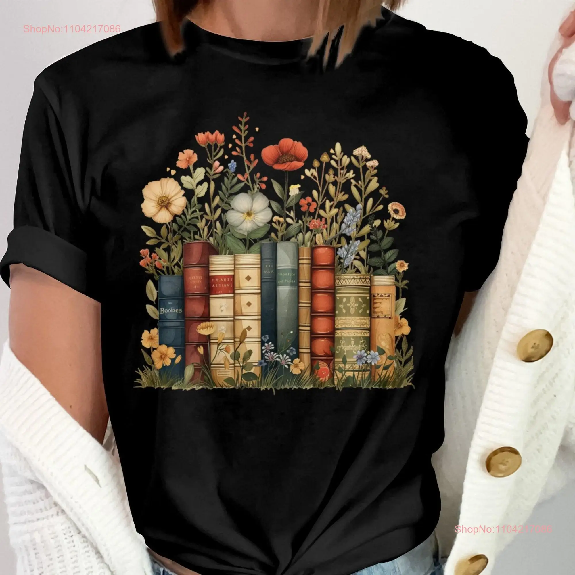 Floral Bookshelf Illustration Vintage Books and Wildflowers Unique T Shirt Nature Lover SweaT  long or short sleeves