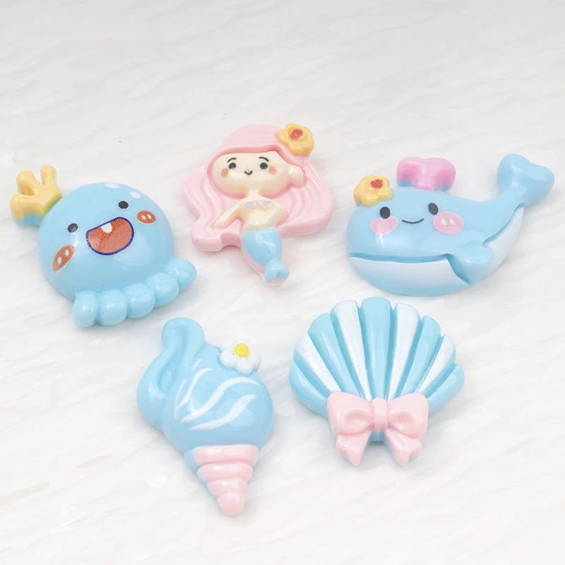 10/100Pcs Cute Blue Flat Back Resin Scrapbooking DIY Mermaid Whale Octopus Shell Conch Series Handmade Craft Decoration