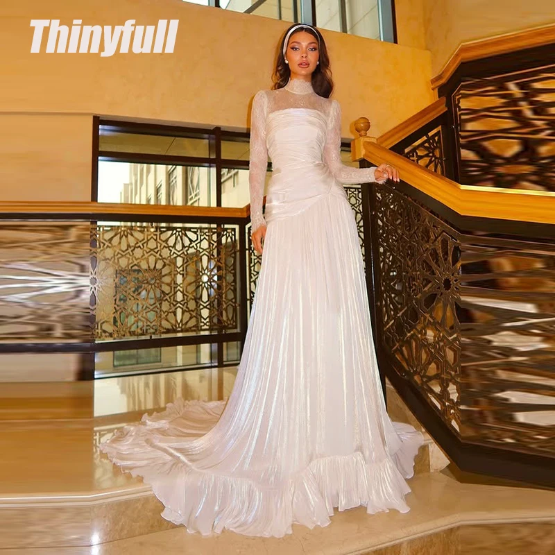 

Thinyfull Mermaid Arab Prom Dresses High Neck Full Sleeves Evening Gown Satin/Lace Long Formal Dress robes de soirée Customized