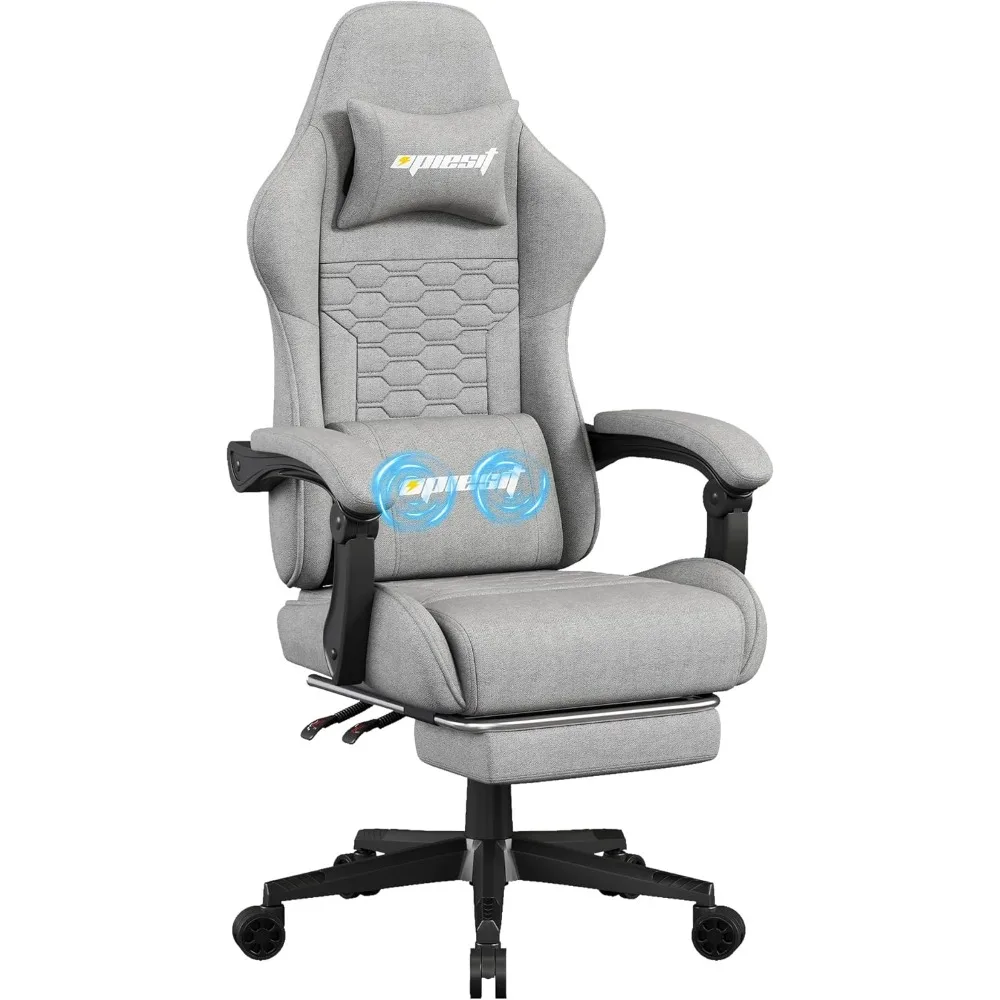 كرسي ألعاب، كراسي كمبيوتر من القماش مع دعم قطني ومدلك، كرسي مكتب مريح مع مسند للقدمين ووسادة زنبركية للجيب