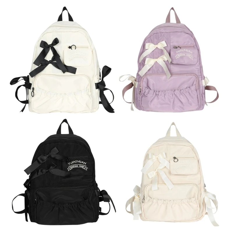 Fashionable Nylon School Book Bag for Teenager Girls with Bowknot Decoration Water Resistant Backpack Pleated Rucksack