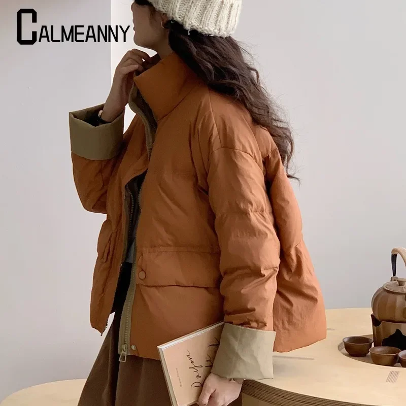 Women's Coat 2024 Winter New Style Korean Edition Turndown Collar Thicken Warm Cotton Jacket Pure Color Zipper Parkas Coats