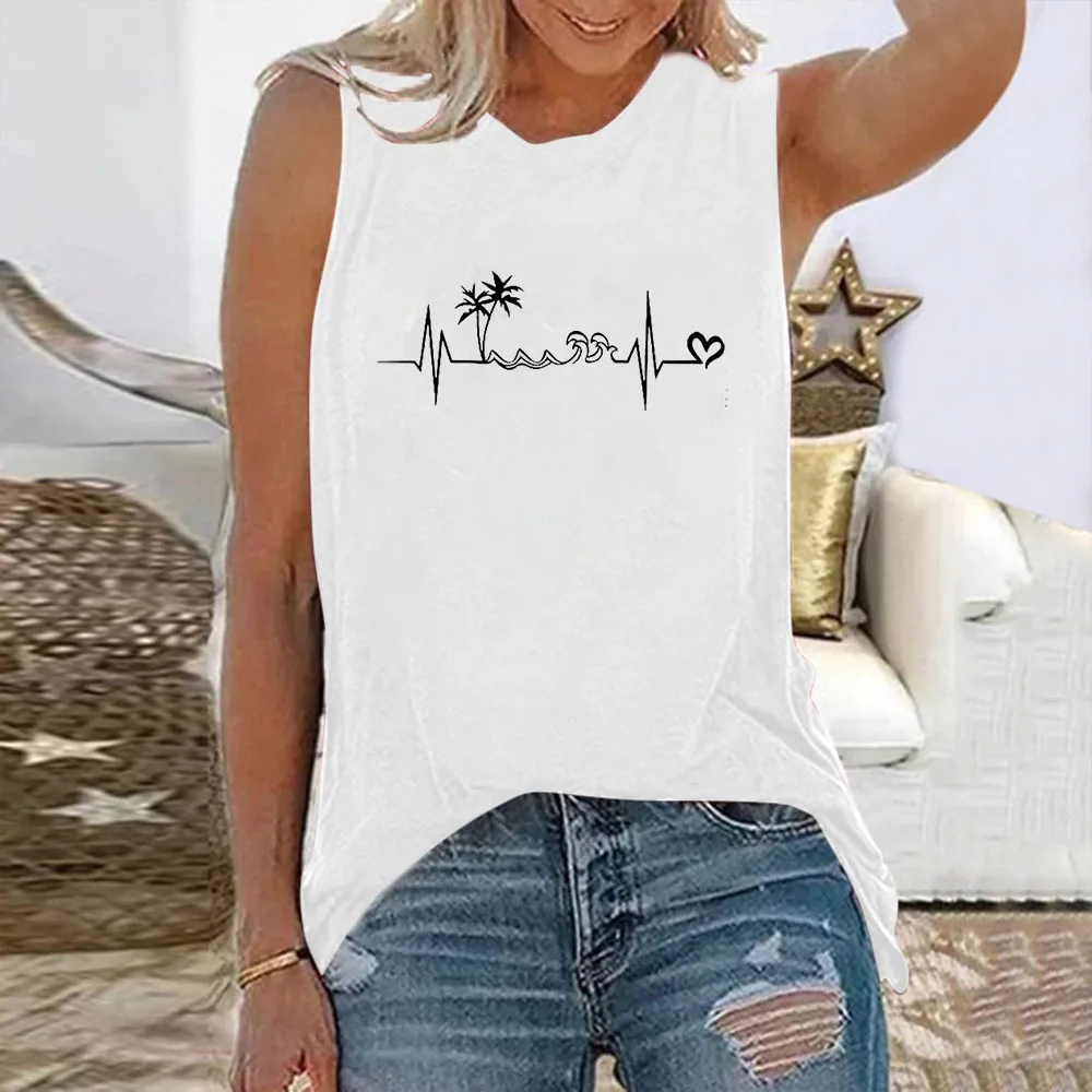 Seeyoushy Heartbeat Print 2023 Summer Women's T-shirt Sleeveless Fashion Women's Top Fun Printed Y2K Aesthetic Clothing Harajuku