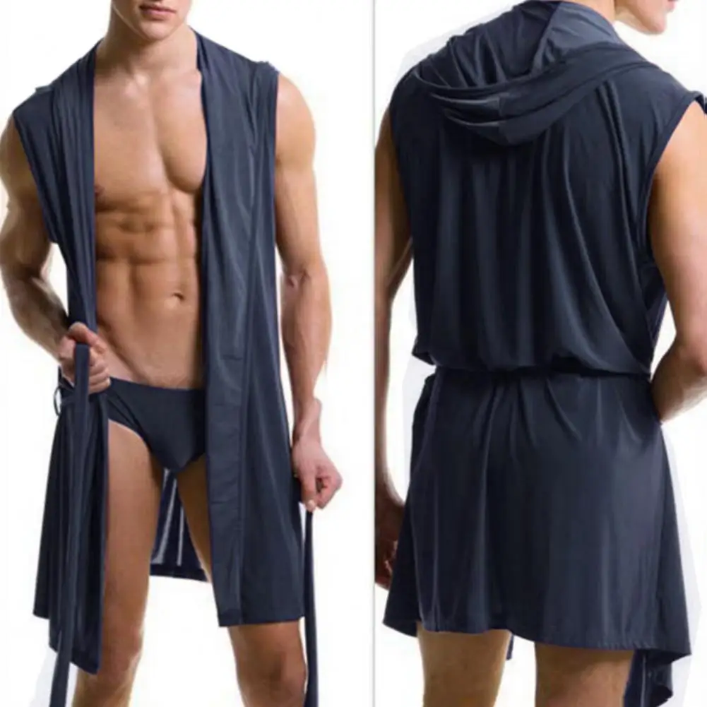 Sexy Pajamas Men Sleepwear Solid Color Pijama Hombre Hooded Sleeveless Thin Bathrobe Men Summer Dress Bath Robe Men Sleepwear