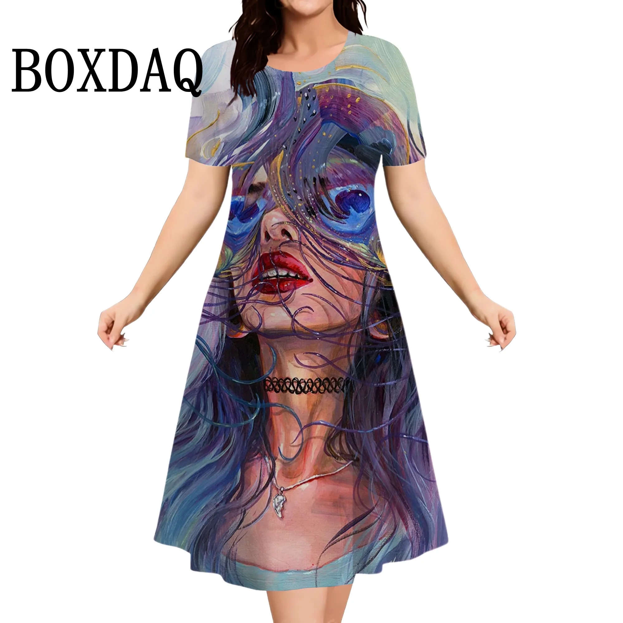 Abstract Gezicht 3D Gedrukt Jurk Voor Vrouwen 2025, Zomer Mode Korte Mouw Mini Jurk Losse Casual Plus Size 9XL Dameskleding