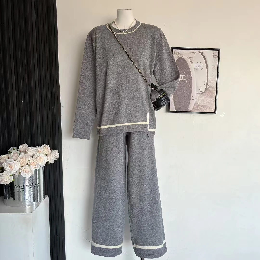 Elegant Two Piece Set Women Outfit 2024 Matching Set New Products Winter Knitwear Long Sleeve Top Pullover Wide Leg Pant Sets