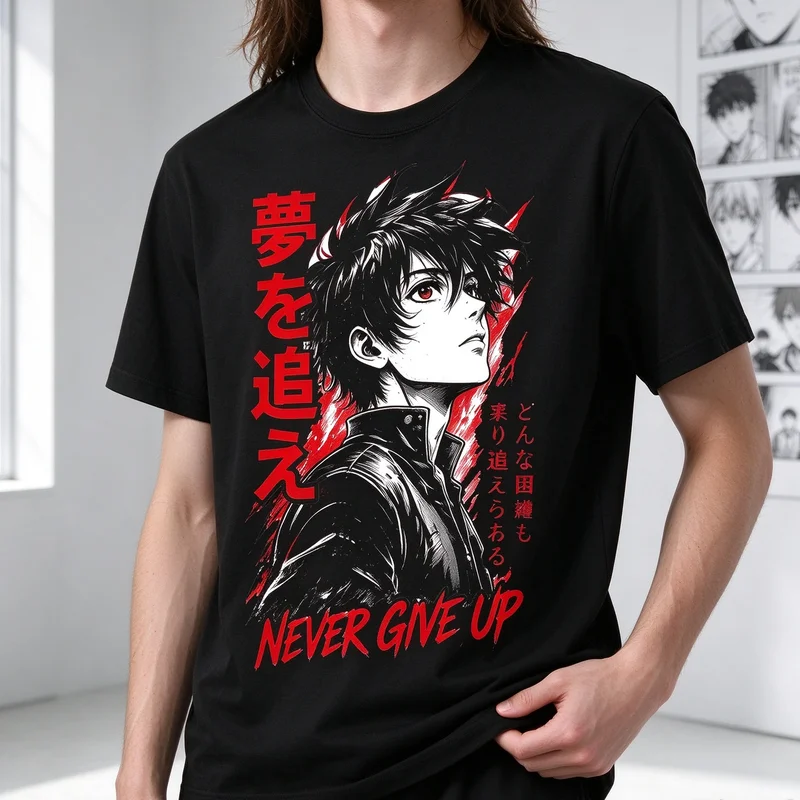 Never Give Up Motivational Anime T-Shirt Japanese Manga Graphic Print Black White Navy Streetwear Inspirational Otaku Casual Top