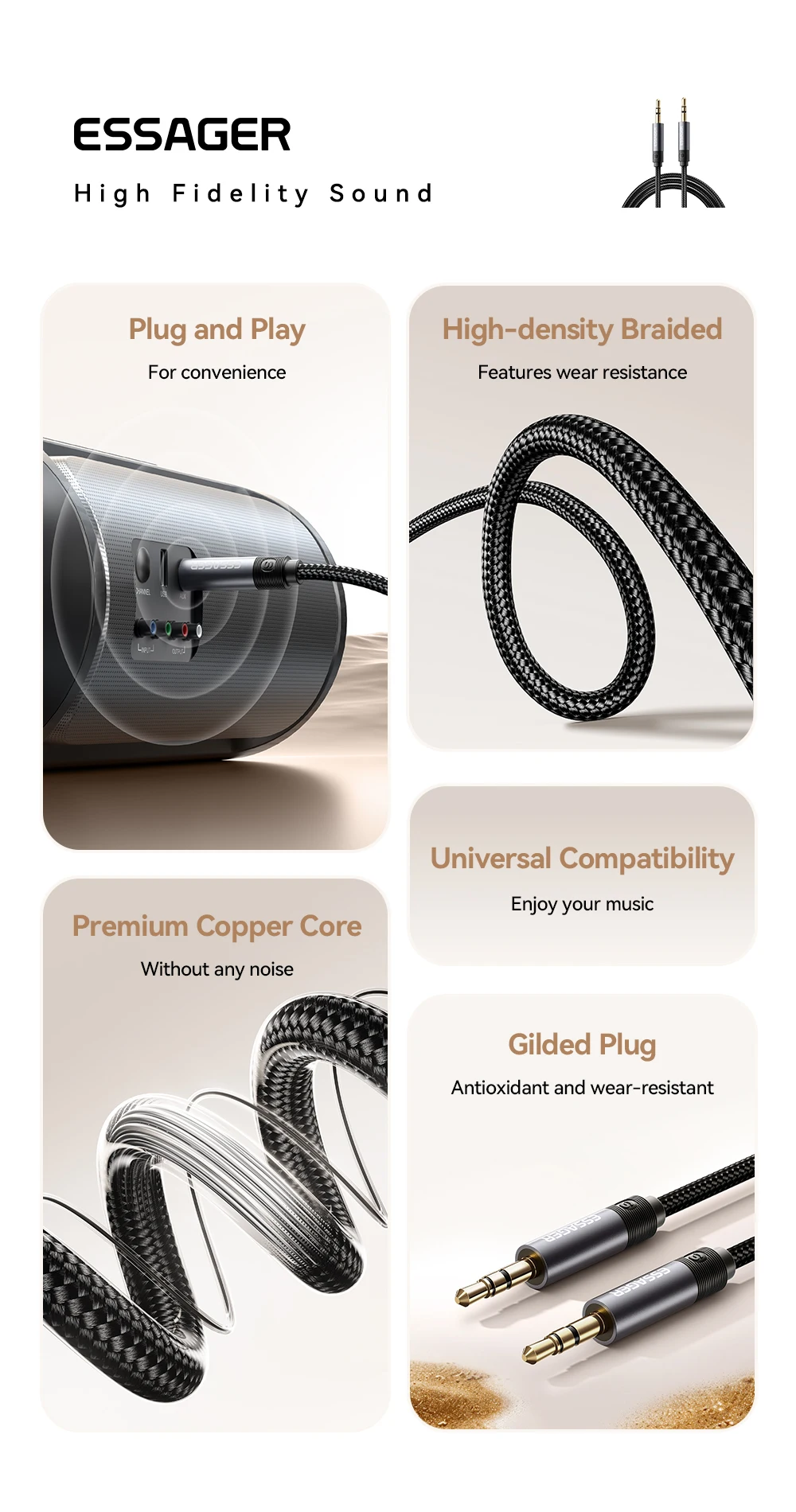 Essager 3,5-mm-Klinken-Audiokabel, 3,5-mm-Stecker auf Stecker, Audio-Aux-Kabel für Telefon, Kopfhörer, Autolautsprecher, Computer, Aux-Kabel 3M 5M – Detail 2