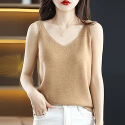 Hot Sale Summer New T-Shirt Sling Cashmere Knit Solid Color Sleeveless Women's 100% Wool Sling Cropped Pullover promotion 2022