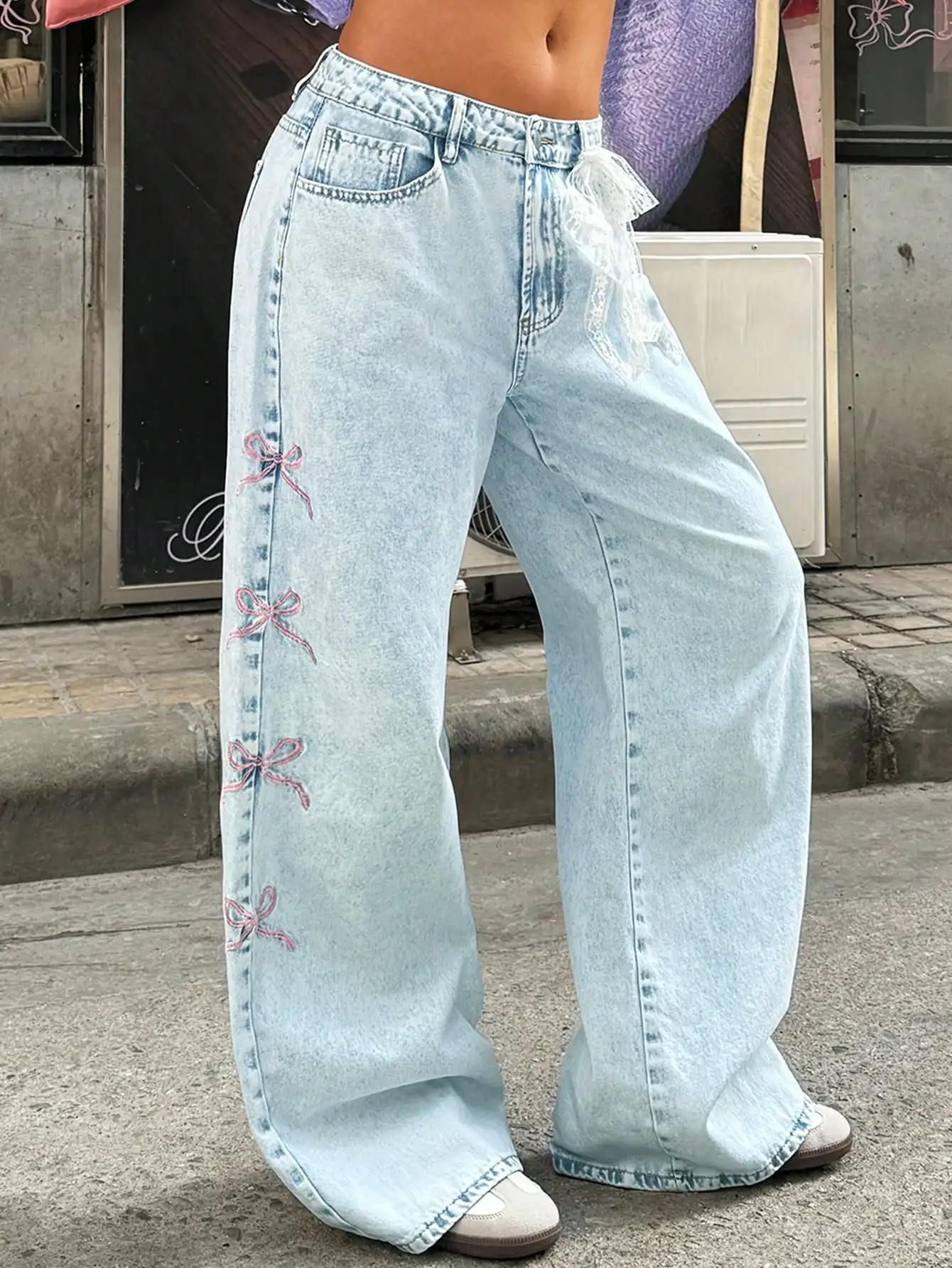 Women's High  Waisted Wide  Leg Jeans 2025 Trendy Bow  Embroidered Button Front Non  Ripped Denim Fabric Full  Length Pants