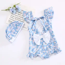 Flower Print Children's One-piece Swimsuit for Girls 2-8 Years Blue Korean Style Swimwear Girl Bathing Suit Girl Quick Drying