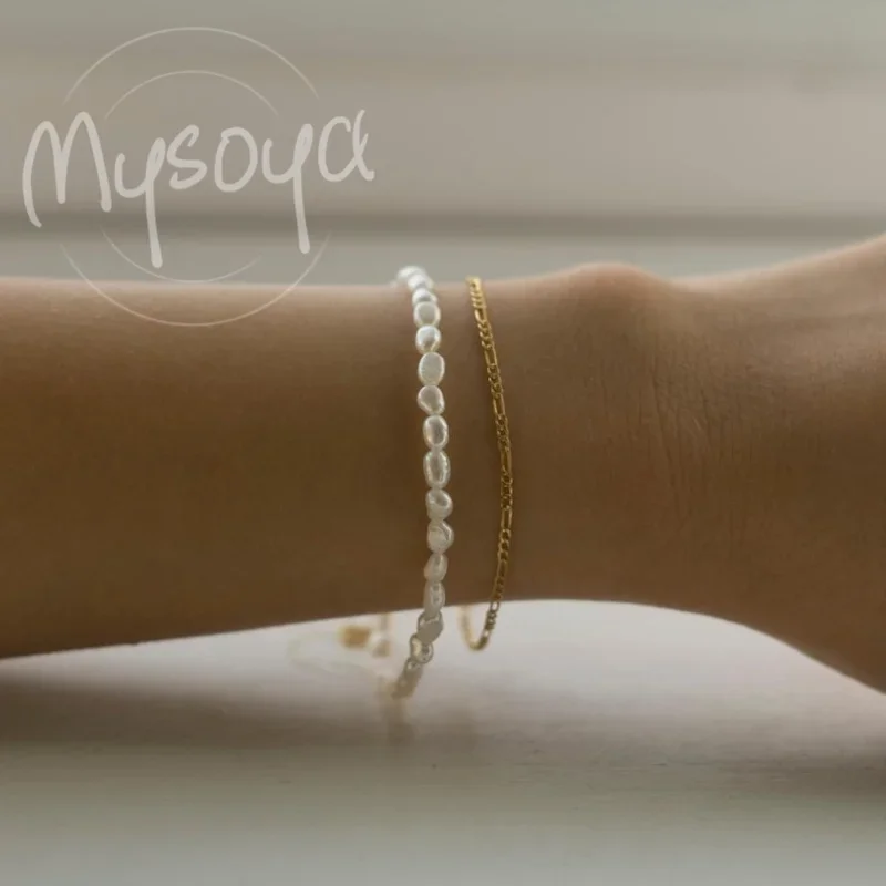 

MYSOYA 3-4mm Natural White Baroque Rice Shape Freshwater Pearl Bracelet With Gift Box Birthday Wedding Gift For Women And Men
