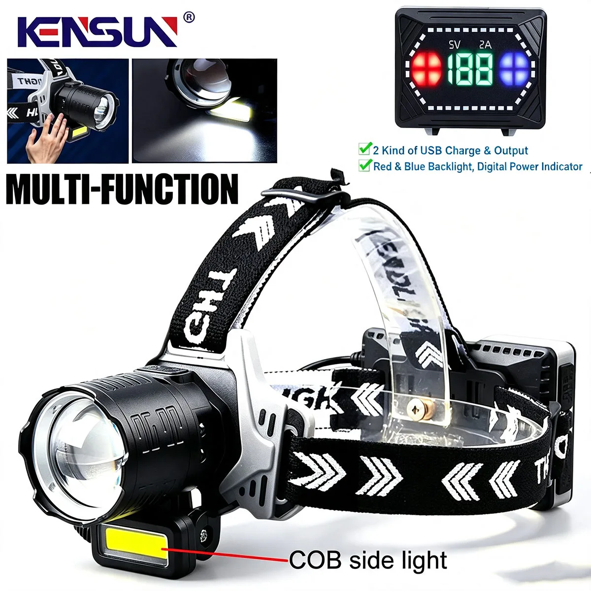 Super Bright 1200000LM XHP160 Headlamp Waterproof Zoomable Outdoor Headlight with Powerful Beam for Camping Fishing