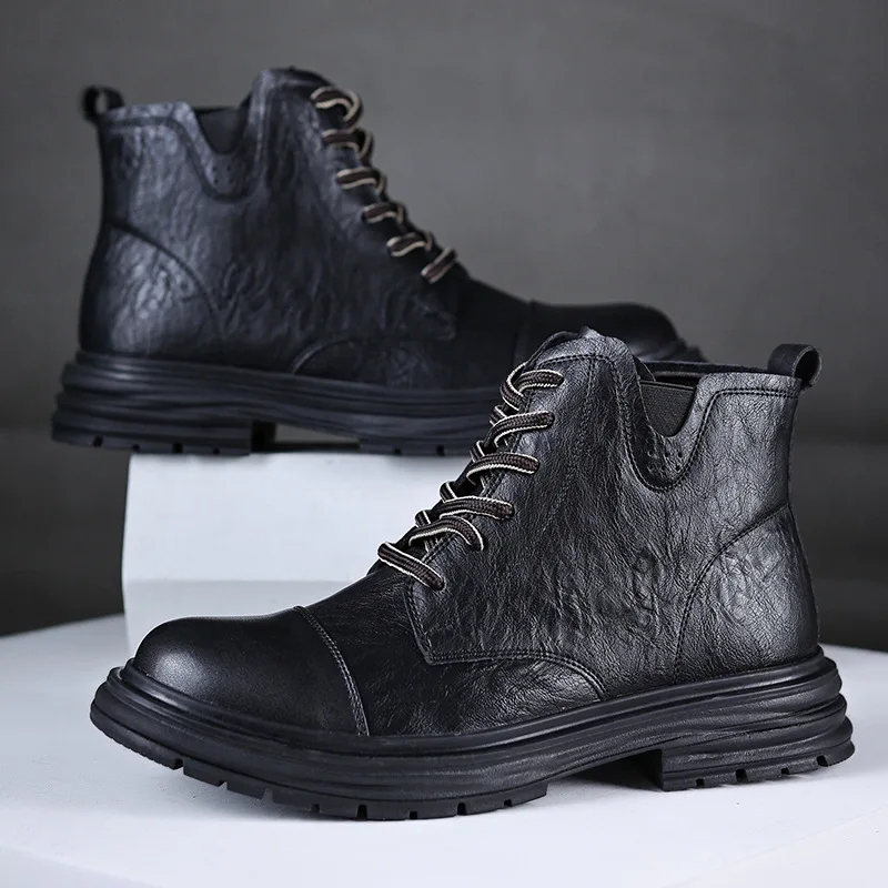 Trendige Herrenstiefel Thi Bot oes ort Booties Large Head Briti Sle Winter Faion Lässige Lederstiefel