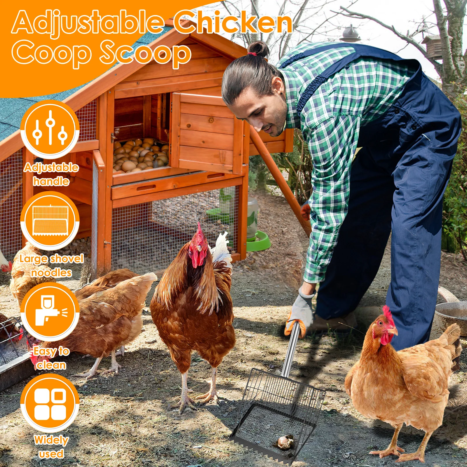 Chicken Poop Scooper with Adjustable Handle Stainless Steel Chicken Litter Scooper Rake with Sifting Hole Sifting Shovel