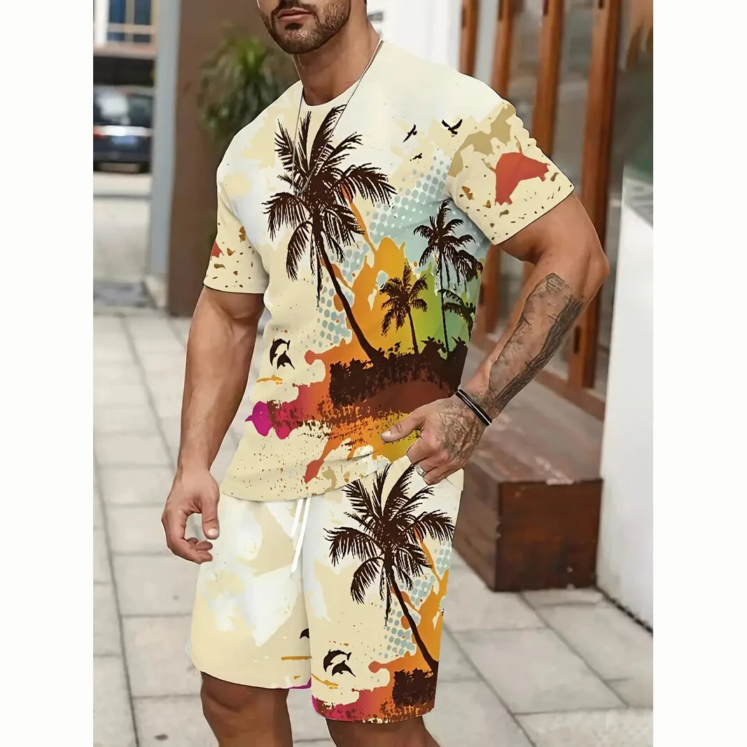 

Men's Tee Sets Palm Trees Pattern Print Summer Casual Short Sleeve Pullover T-shirts Pants set Outdoor Male Overszied Clothing