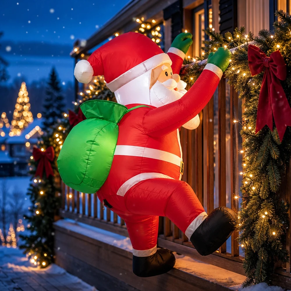 Christmas Inflatable Santa Climbing Window Ornament, Blow Up Santa with Green Gift Bag, for Home, Garden, Patio, Holiday Party D