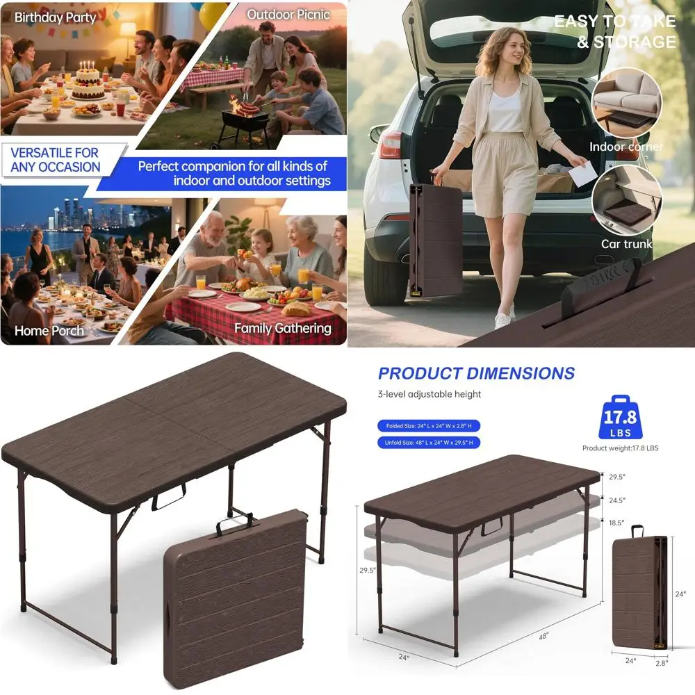 

Портативный складной стол на 4 фута с регулируемой высотой, прочный пластик, подходит для внутреннего и наружного использования, коричневый