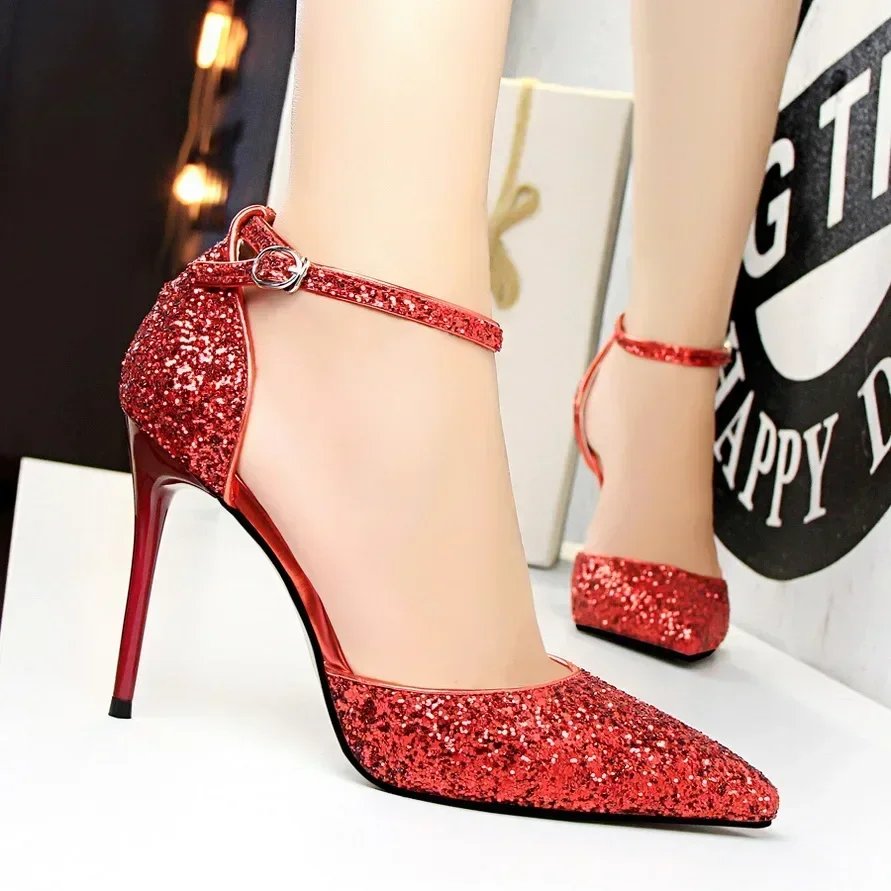 Women Glitter Sequin Fetish Ankle Strap 9.5cm High Heels Sandals Lady Party Luxury Gold Red Stiletto Wedding Bridal Dress Pumps