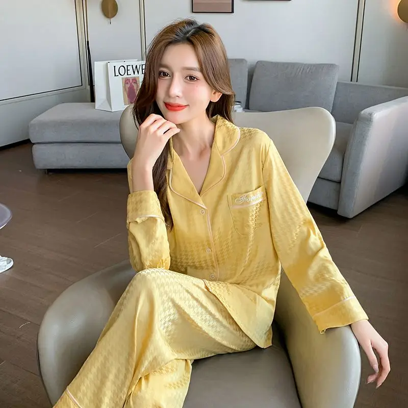 

Silk Pajamas for Women 2023 New Luxury Pyjamas Houndstooth Pijamas Long-sleeved Pants Pajama Set At Home 5XL Plue Size