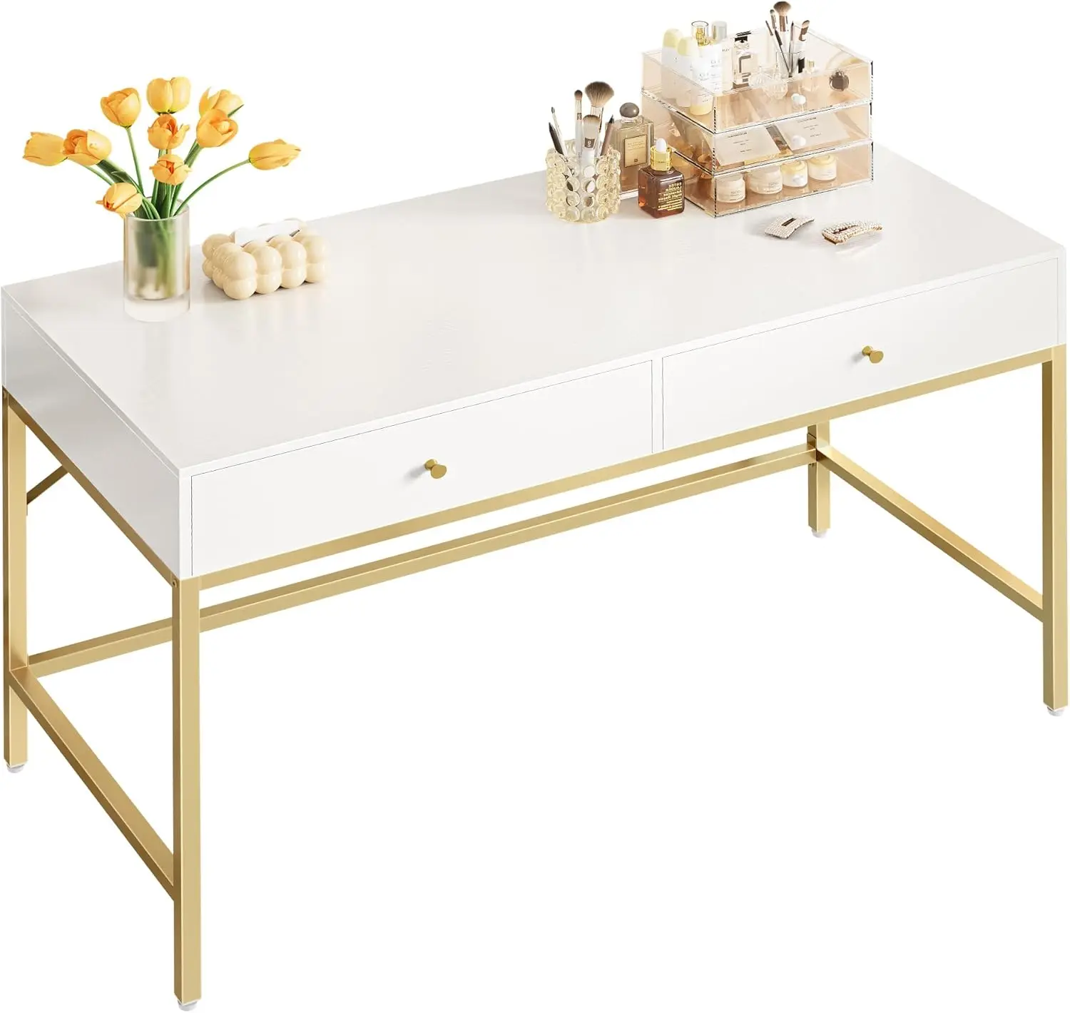 

47 Inch Vanity Desk with Drawers, Modern Simple Home Office Computer Desk, Makeup Dressing Table for Bedroom - White and Gold