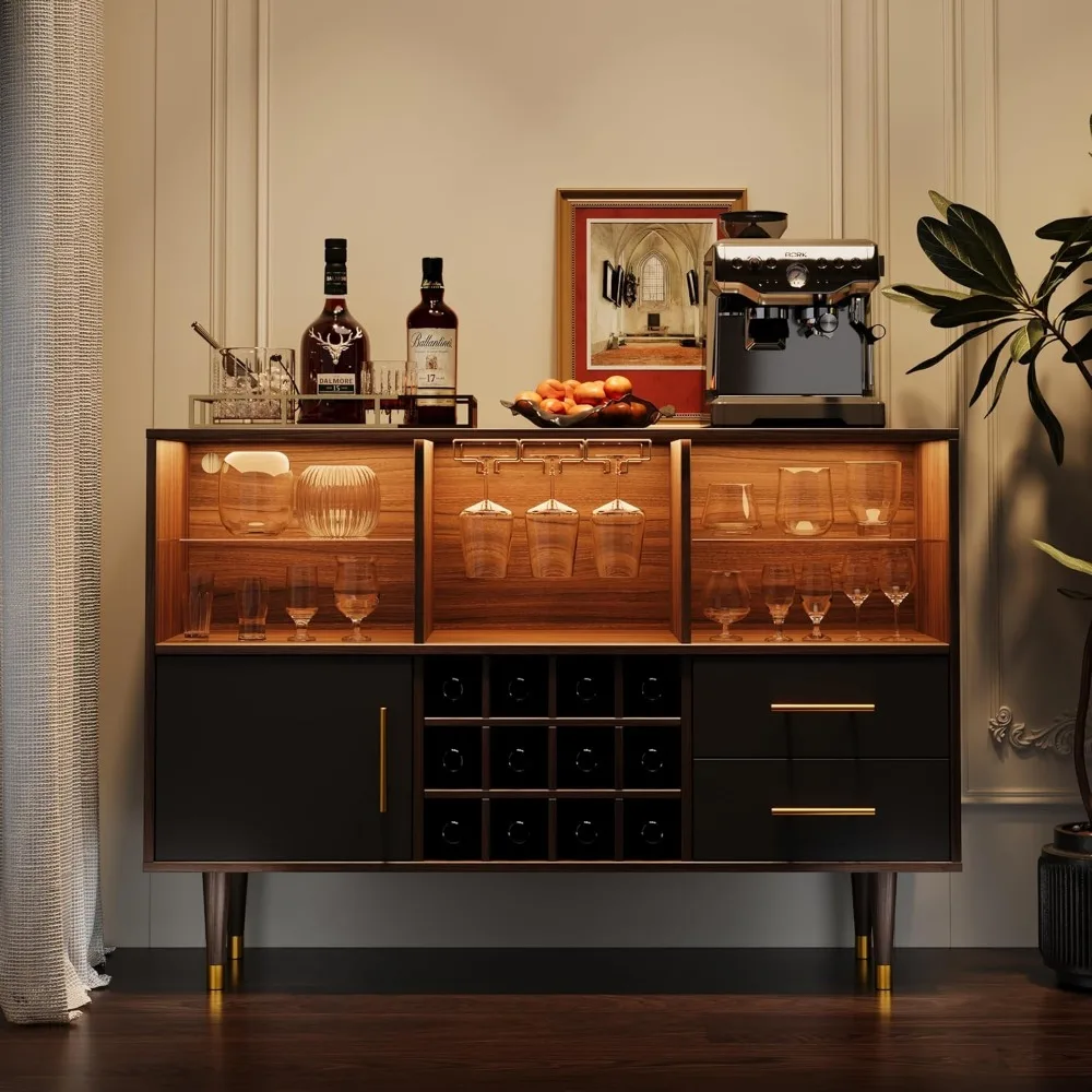 Bar Cabinet, 47 inch Walnut - Modern Cabinet with LED Light Charging Station, Buffet Table, Coffee Bar & Storage