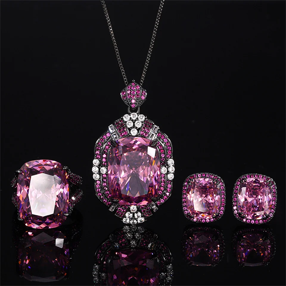 

New Bird's Nest Cut Dried Rose Vintage Jewelry Set Women 15*20 Light Luxury Purple Gem Diamond Necklace Ring Earring Jewelry Set