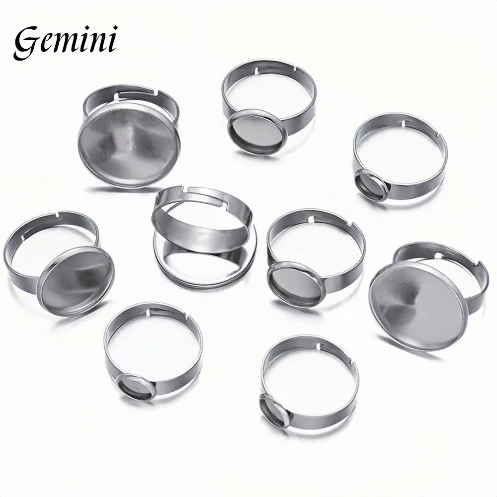 10 unids/lote de bisel de anillo ajustable de acero inoxidable de 6-25mm, cabujones redondos en blanco, ajustes de anillo Base para accesorios de fabricación de joyería DIY