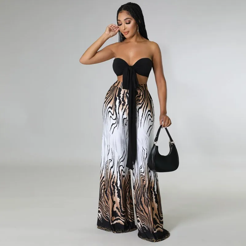 S5XL Large Size Chest Printed Wide Leg Pants Two-Piece Set Women's Faionable Polyester Suit Summer Student orm