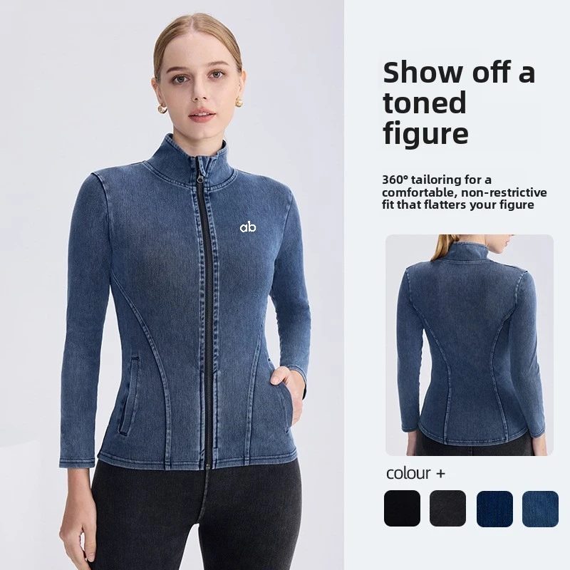 2026 Zip‑Up Denim Yoga Jacket Women Half High Collar Slim Fit Dual Pockets Long Sleeve Gym Sports Outerwear For Autumn Winter