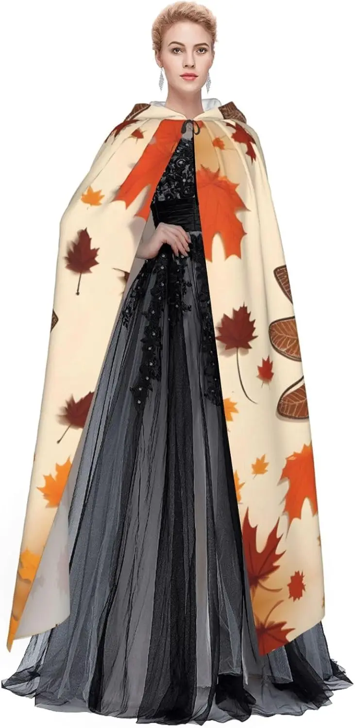 عباءة بغطاء للرأس للبالغين للهالوين، ديكور عيد الشكر السعيد، تركيا مع عباءة بغطاء للرأس بنمط أوراق القيقب مع ربطة عنق على شكل ربطة عنق