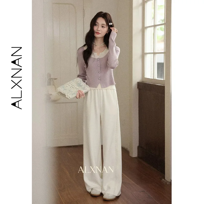 ALXNAN 2025 Autumn Women's Beige High-waist Wide-leg Straight Loose-fit Baggy Pants Casual Office Lady Trousers L569196