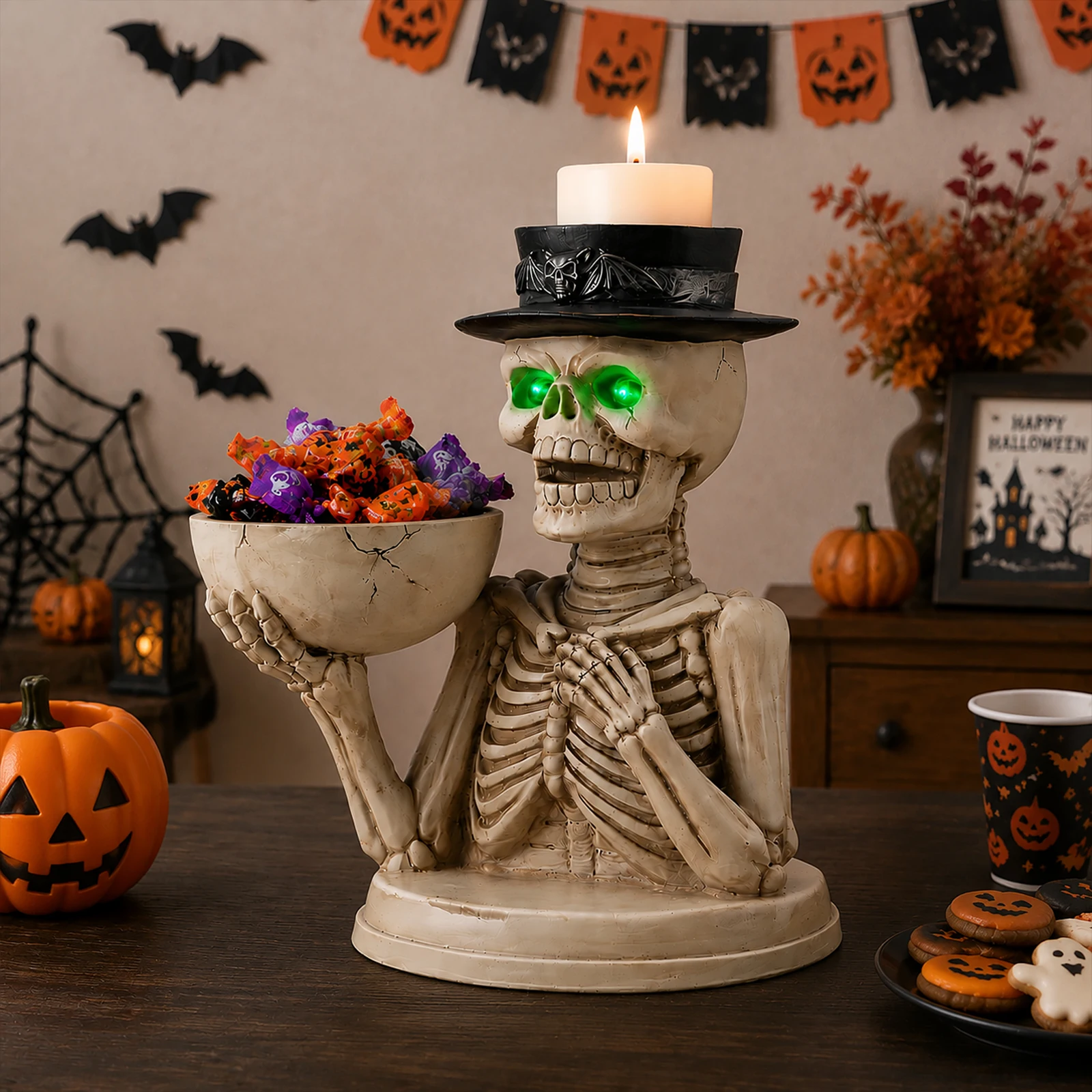 Skeleton Toy Figurine with Storage Bowl & Candle Holder, Spooky,Skeleton Toy with Pumpkin Candy Bowl & Candle Holderfor Halloween Style