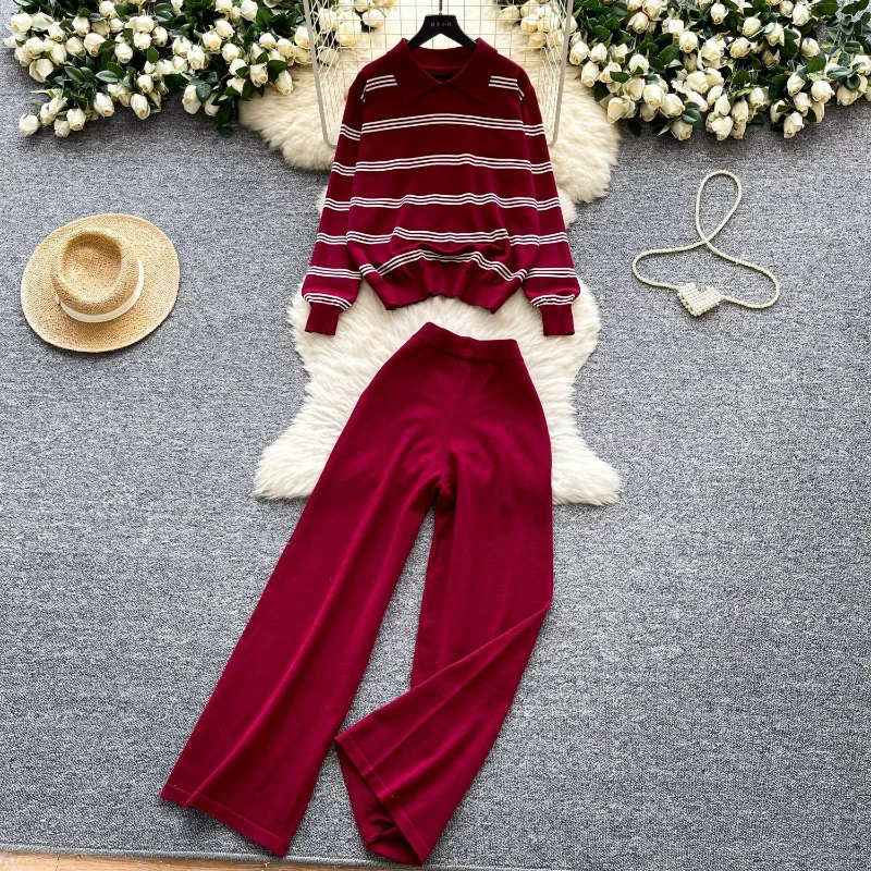 

Women Knit Wide Leg Pant Sets Two Piece Set Turn Down Neck Striped Sweaters Long Sleeve Casual Regular Pullovers Elegant Lady