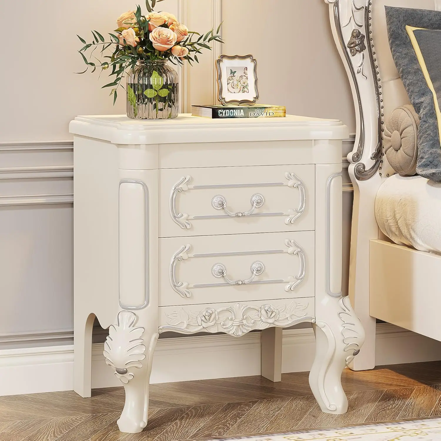 

White Nightstand, End Table with 2 Drawers, Carved Bedside Tables, Side Table for Bedroom, Classic Bedroom Furniture