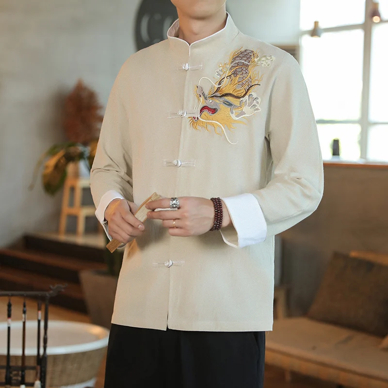 Men Shirts Kungfu Tai Chi Long Sleeve Chinese Style Golden Dragon Embroidered Retro Linen Cardigan Tang Suit Men Traditional Top