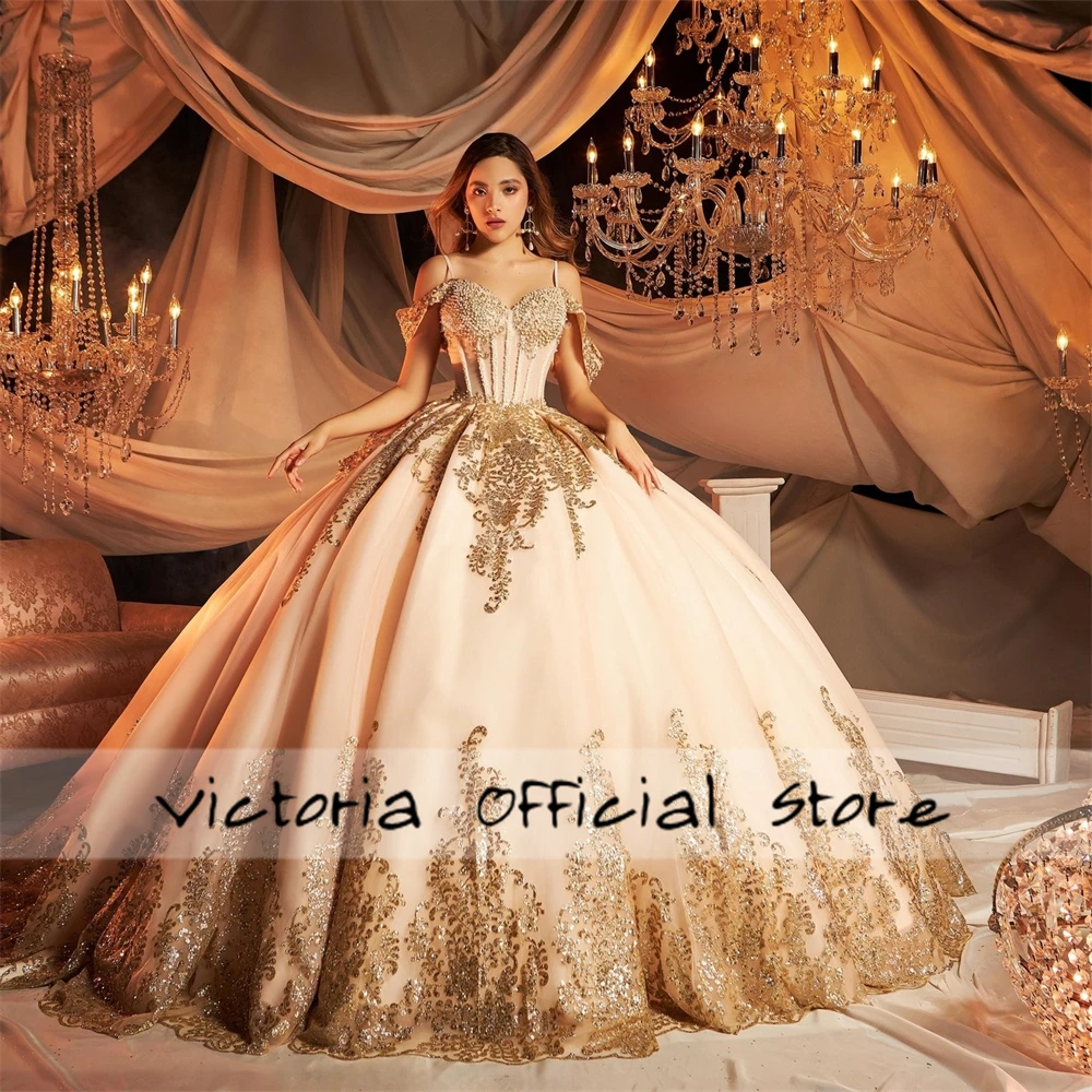 Wow Gold Sequined Lace Applique Champagne Off The Shoulder Quinceanera Dress Ball Gown Sweet 15 16 Dress Mexican Wedding Gown