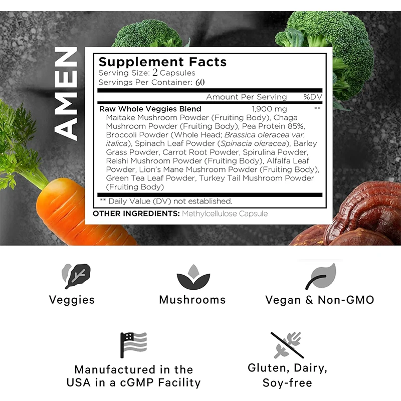 Daily Vegetable Vitamin Supplements, Whole Food Green Complex Vitamin Capsules, Mushroom Complex