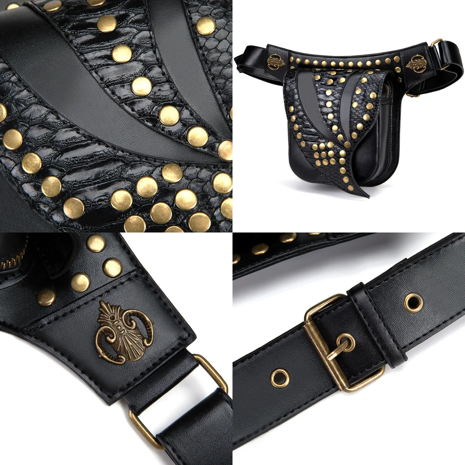 Retro SteamPunk Leather Waist Bag SerpentineCrossbody Bag Rock Men Women Gothic BlackFanny Packs Fashion Motorcycle Leg Bags