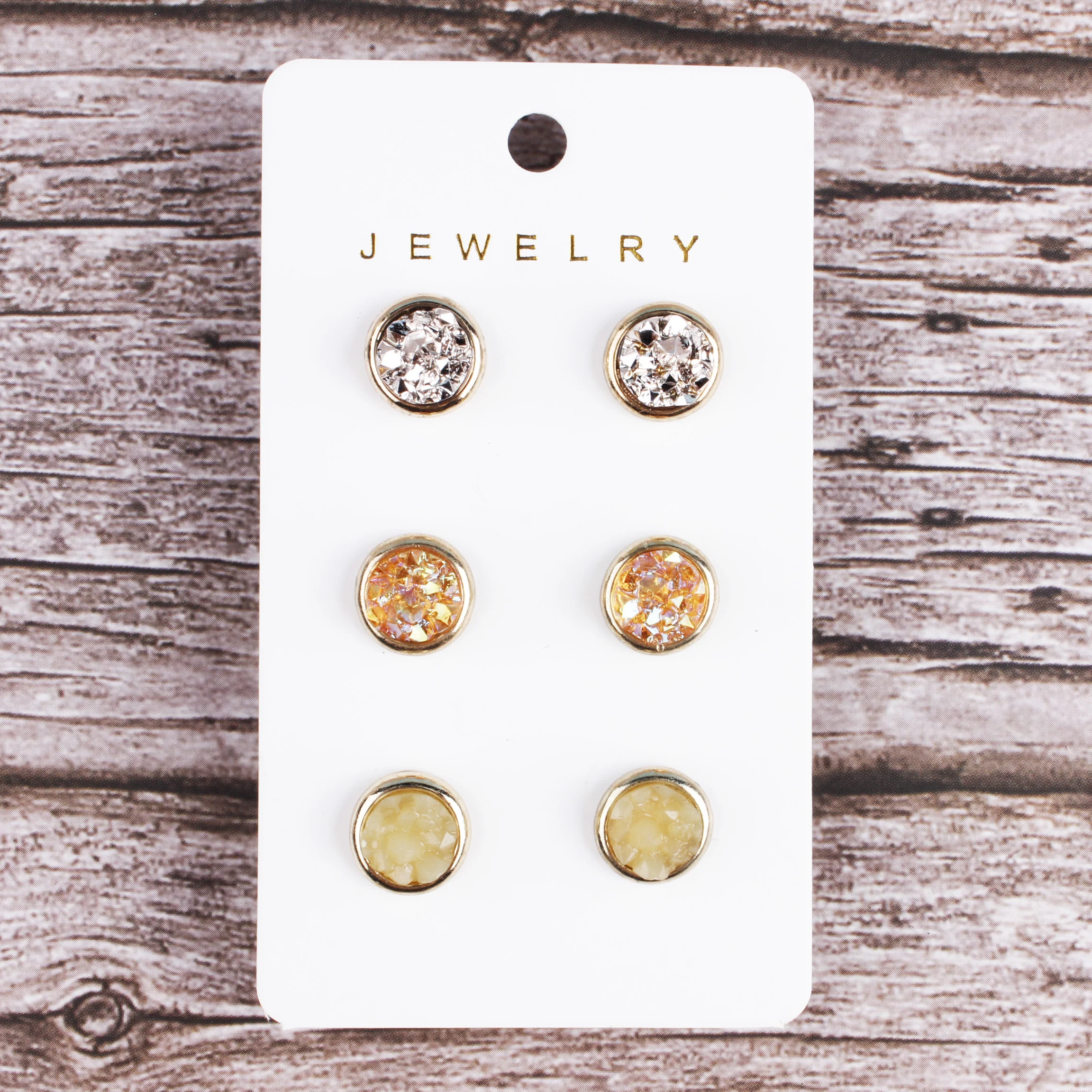 3 Pairs 1 Card Colored Druzy Quartz Crystals Drusy Stud Earrings COLLECTION