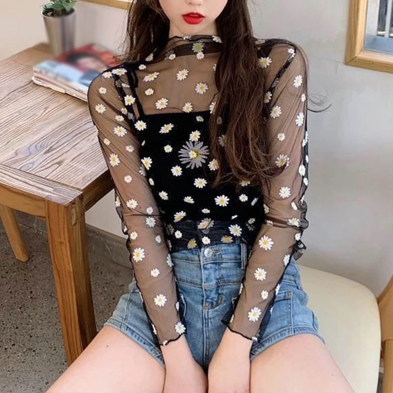 Sexy Transparent Lace Daisy T Shirt Mesh Ladies Tops Women Long Sleeve Bottoming Shirts See-Through Turtleneck Sunscreen Tops